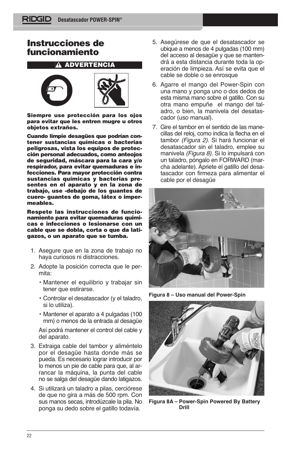 Instrucciones de funcionamiento | RIDGID Power-Spin User Manual | Page 24 / 186