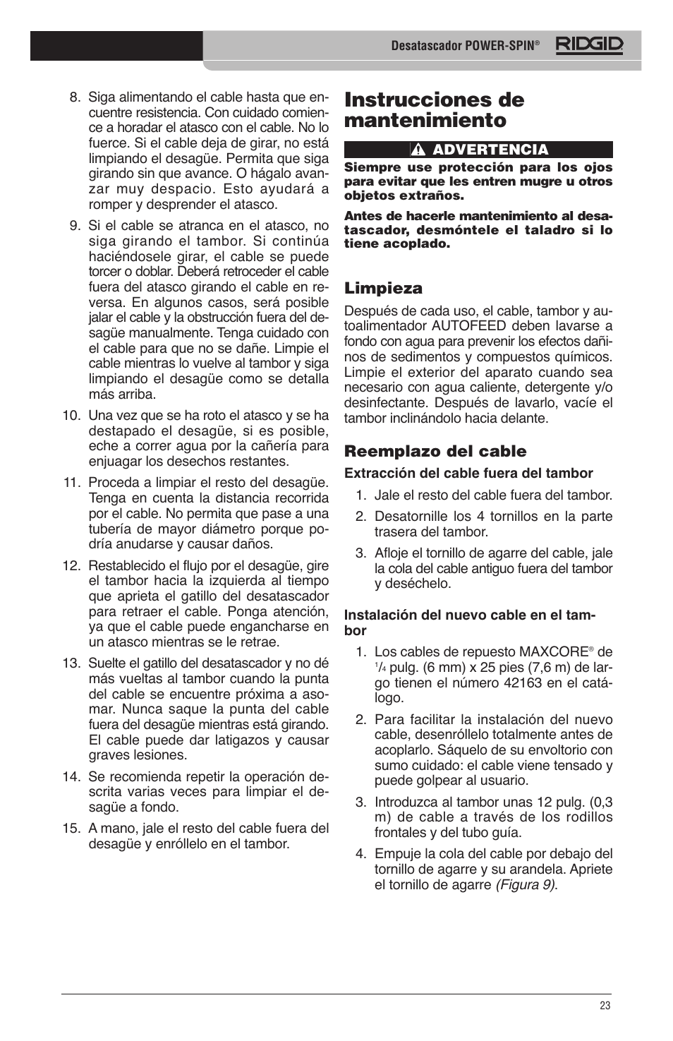 Instrucciones de mantenimiento | RIDGID Power-Spin User Manual | Page 25 / 186
