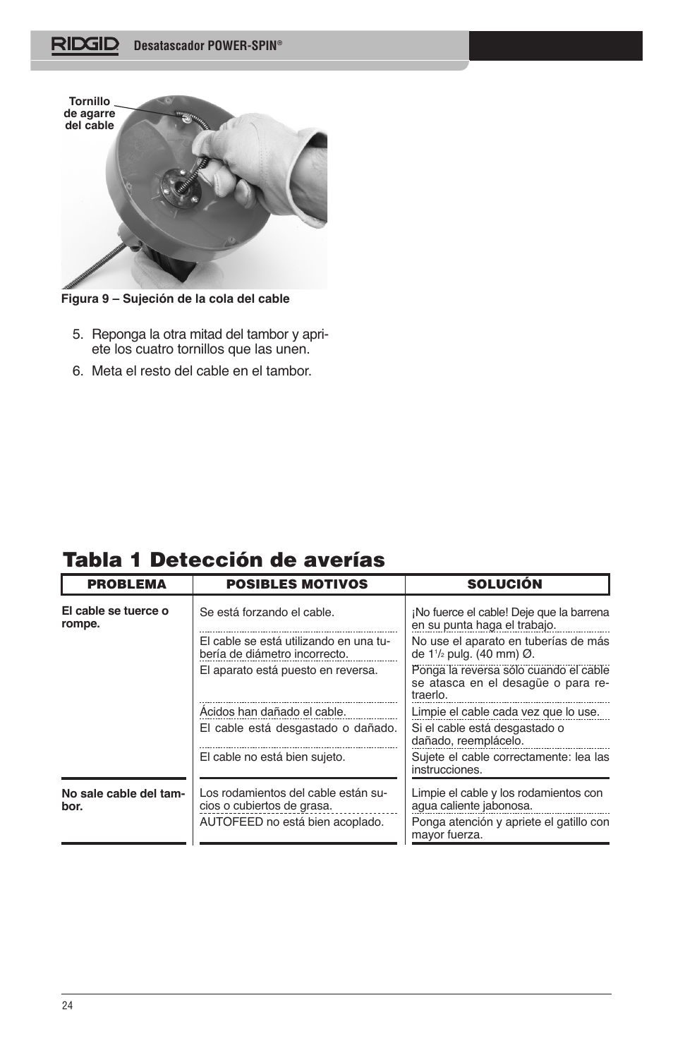 Tabla 1 detección de averías | RIDGID Power-Spin User Manual | Page 26 / 186