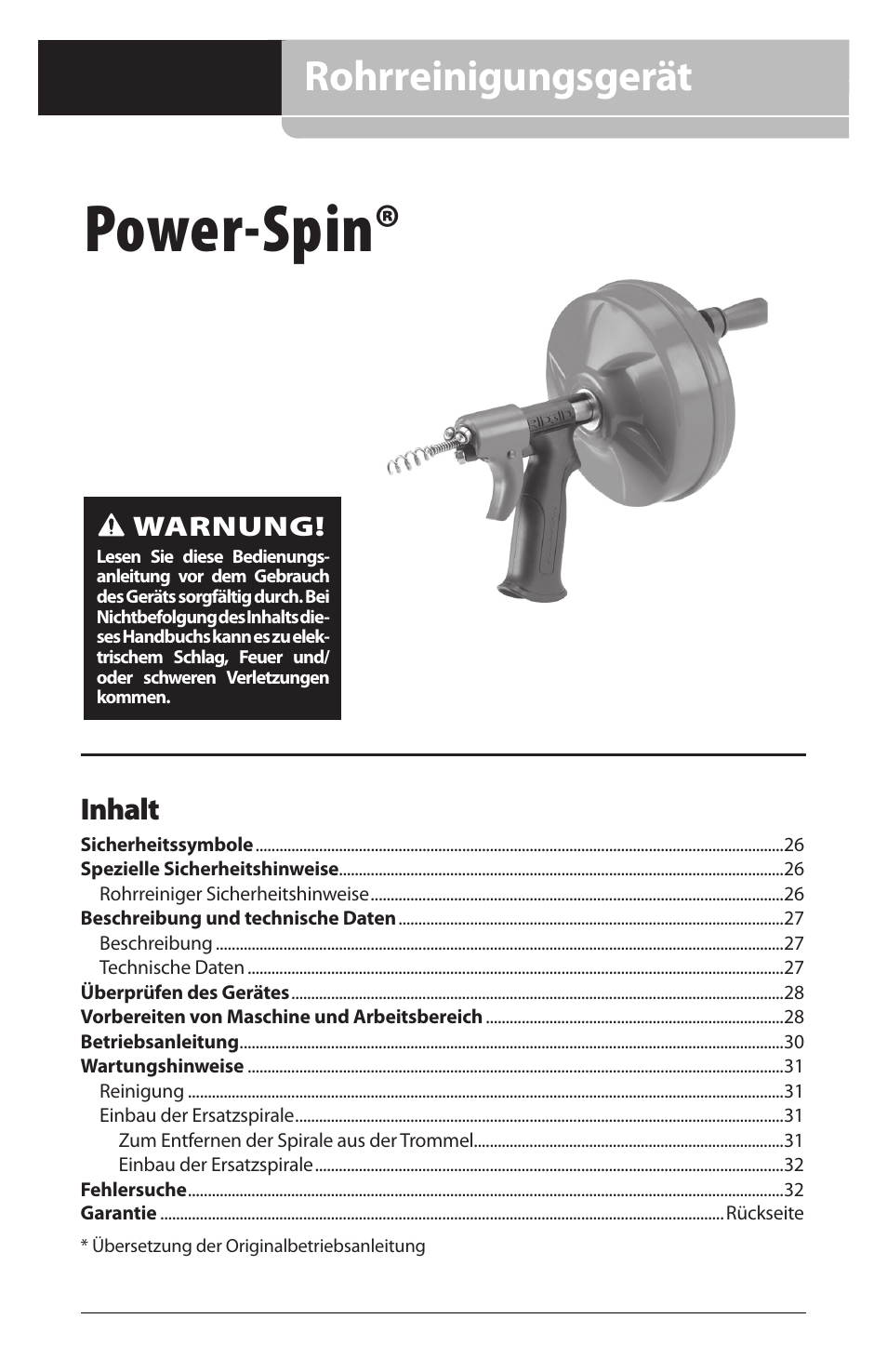 Power-spin, Rohrreinigungsgerät, Inhalt | Warnung | RIDGID Power-Spin User Manual | Page 27 / 186