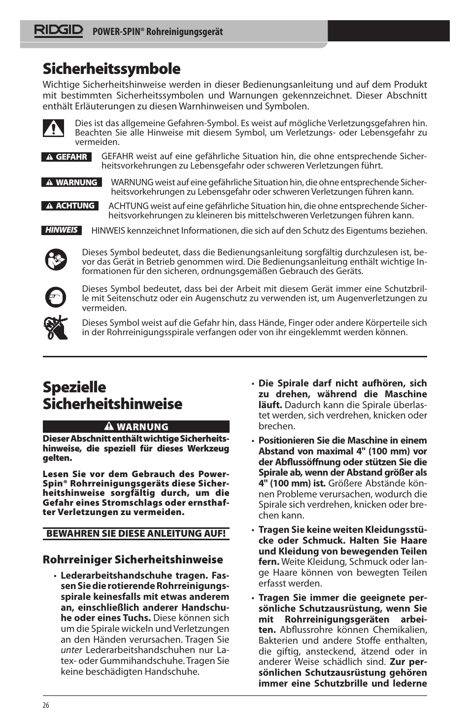 Sicherheitssymbole, Spezielle sicherheitshinweise, Rohrreiniger sicherheitshinweise | RIDGID Power-Spin User Manual | Page 28 / 186