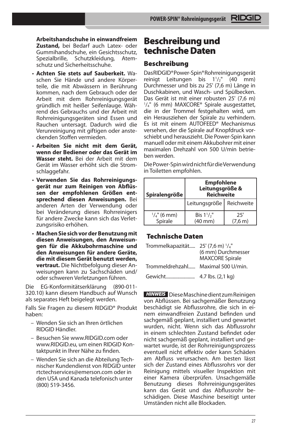 Beschreibung und technische daten, Beschreibung, Technische daten | RIDGID Power-Spin User Manual | Page 29 / 186