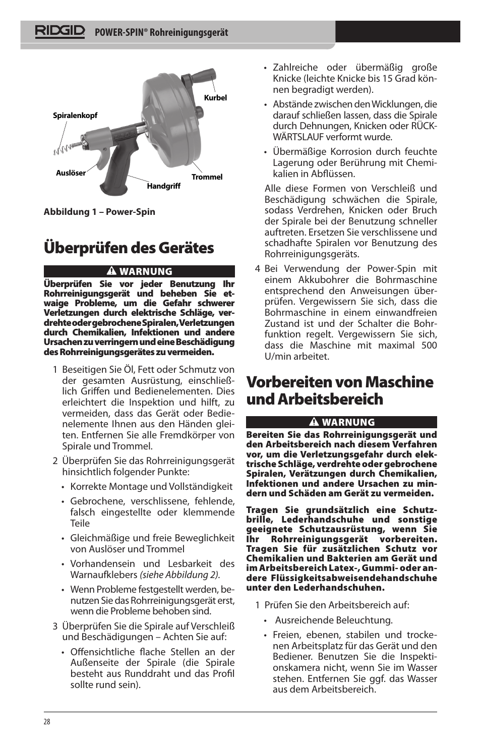 Überprüfen des gerätes, Vorbereiten von maschine und arbeitsbereich | RIDGID Power-Spin User Manual | Page 30 / 186