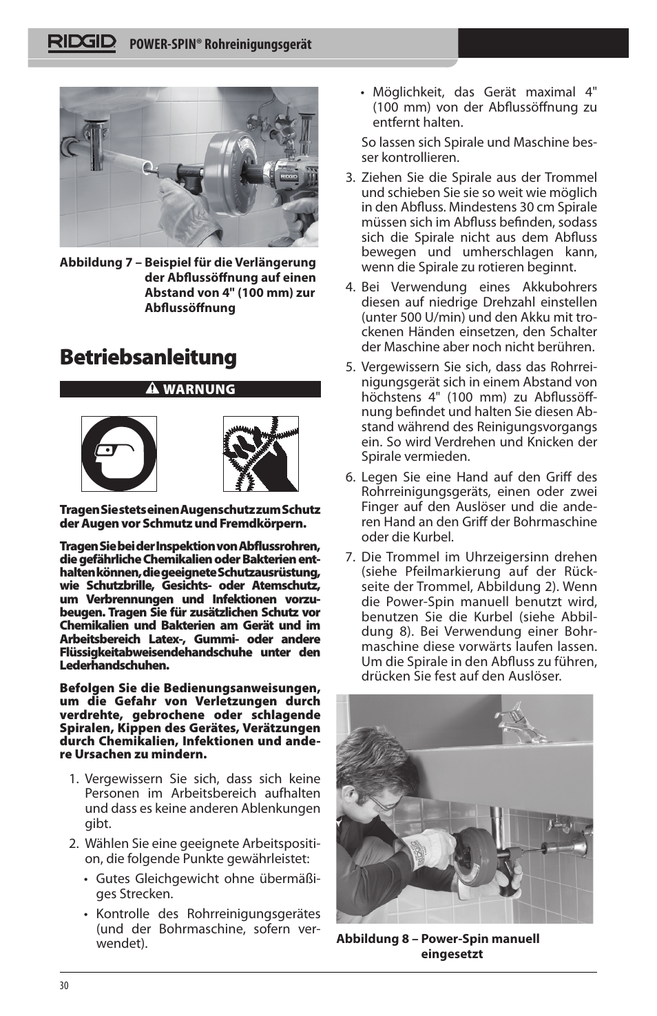 Betriebsanleitung | RIDGID Power-Spin User Manual | Page 32 / 186