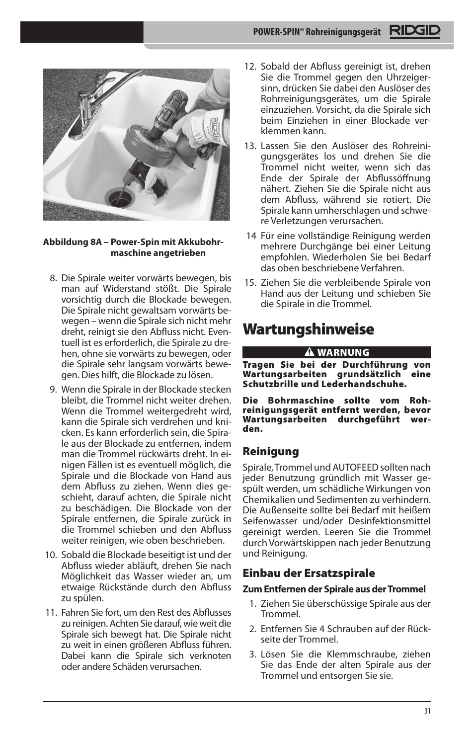 Wartungshinweise, Reinigung, Einbau der ersatzspirale | RIDGID Power-Spin User Manual | Page 33 / 186