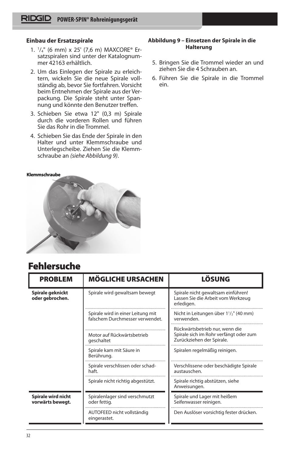Fehlersuche, Problem mögliche ursachen lösung | RIDGID Power-Spin User Manual | Page 34 / 186