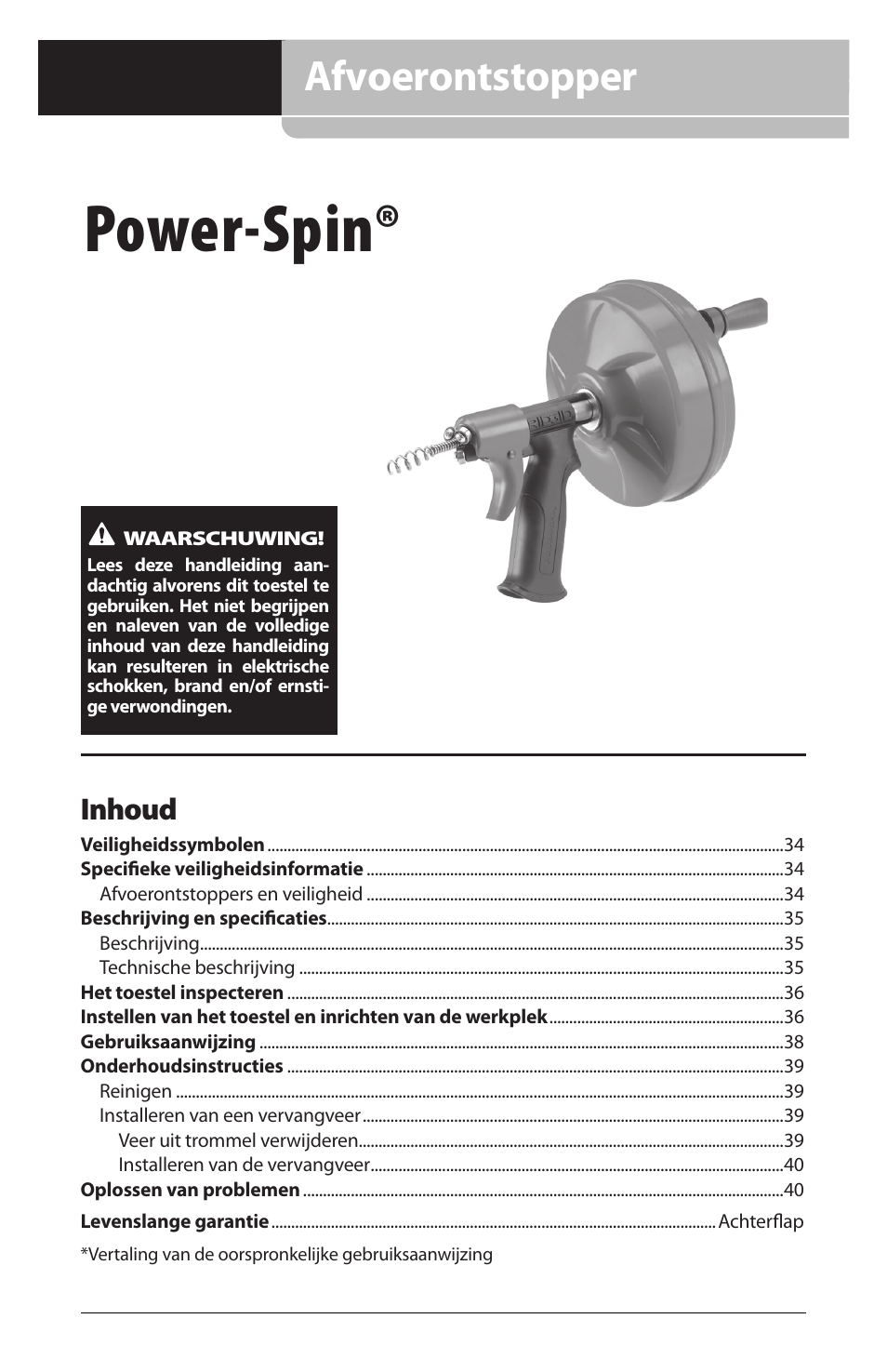 Power-spin, Afvoerontstopper, Inhoud | RIDGID Power-Spin User Manual | Page 35 / 186