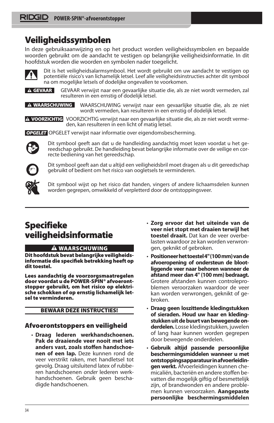 Veiligheidssymbolen, Specifieke veiligheidsinformatie, Afvoerontstoppers en veiligheid | RIDGID Power-Spin User Manual | Page 36 / 186