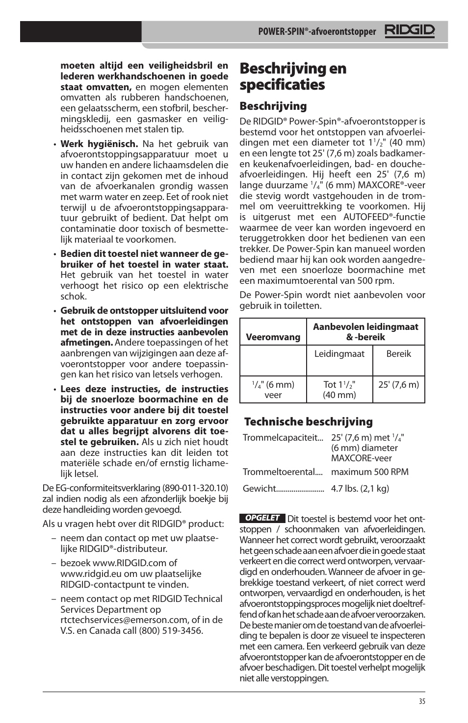 Beschrijving en specificaties, Beschrijving, Technische beschrijving | RIDGID Power-Spin User Manual | Page 37 / 186