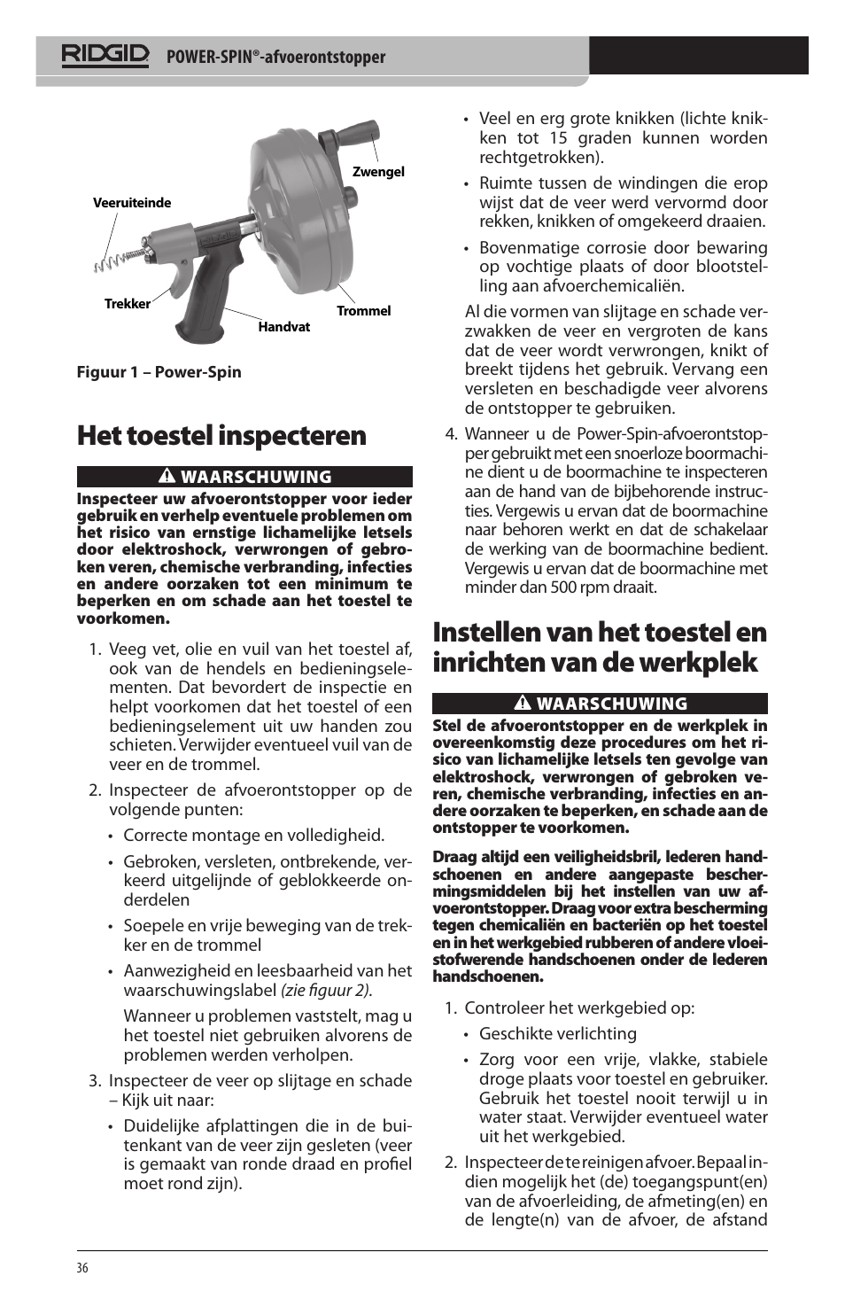 Het toestel inspecteren | RIDGID Power-Spin User Manual | Page 38 / 186