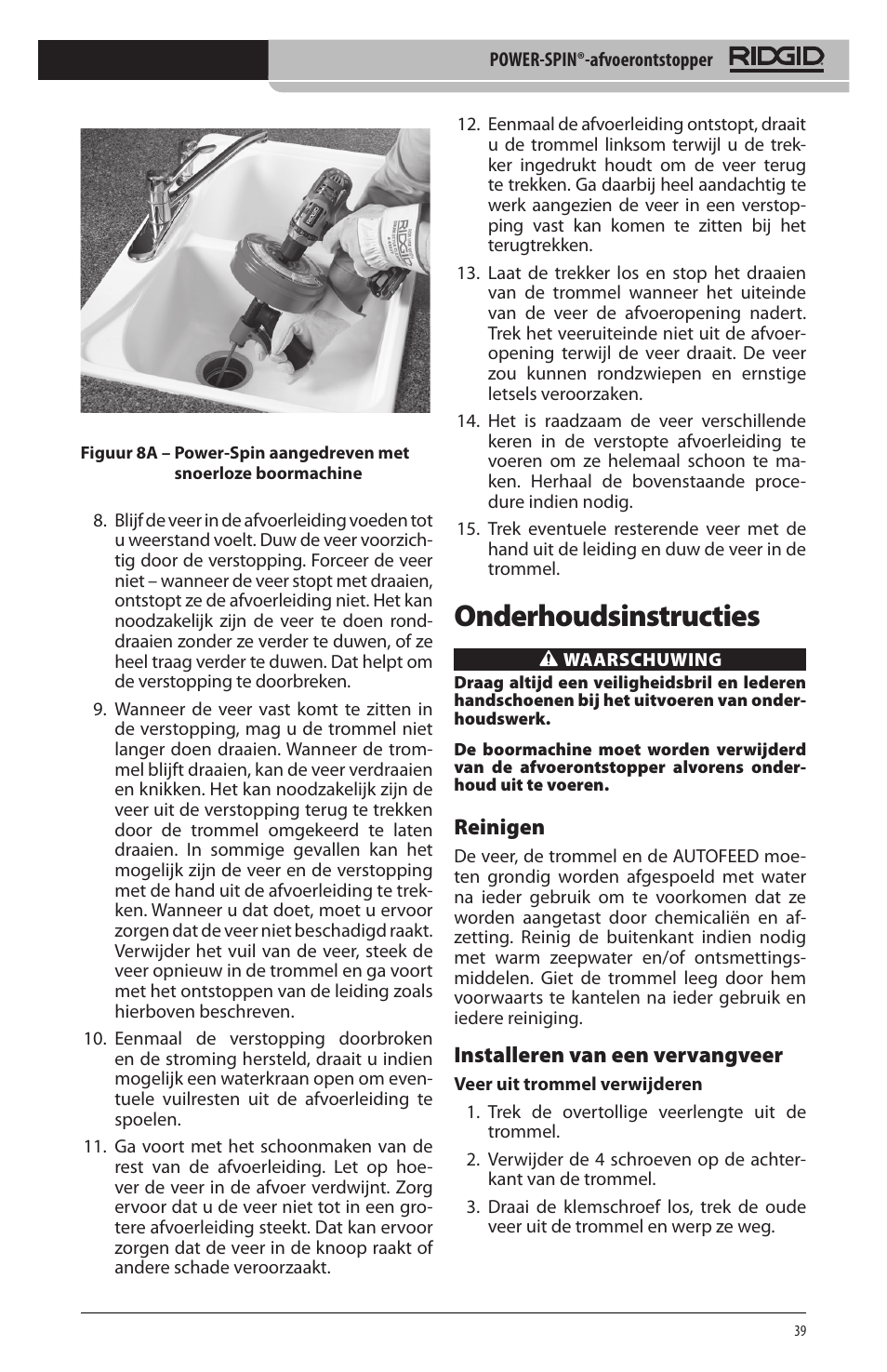 Onderhoudsinstructies, Reinigen, Installeren van een vervangveer | RIDGID Power-Spin User Manual | Page 41 / 186
