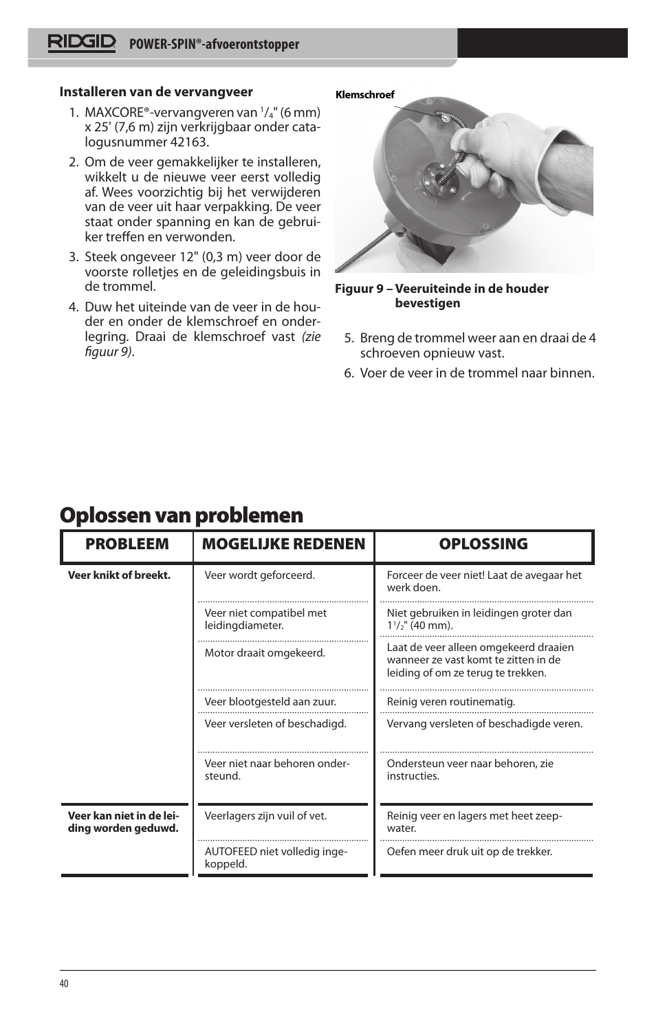 Oplossen van problemen, Probleem mogelijke redenen oplossing | RIDGID Power-Spin User Manual | Page 42 / 186