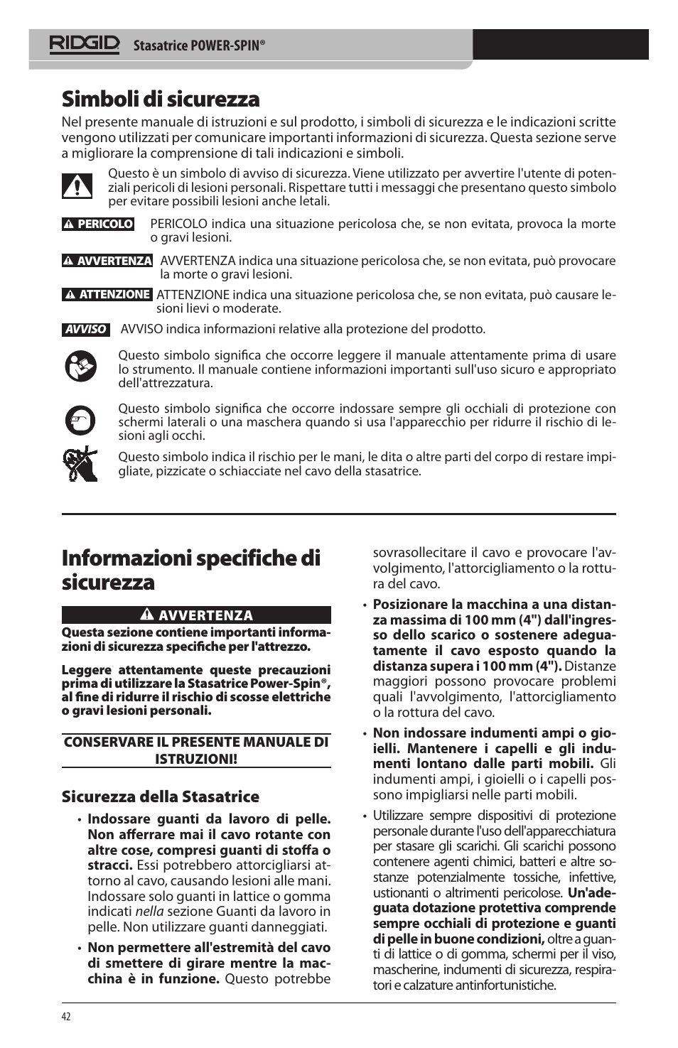 Simboli di sicurezza, Informazioni specifiche di sicurezza, Sicurezza della stasatrice | RIDGID Power-Spin User Manual | Page 44 / 186