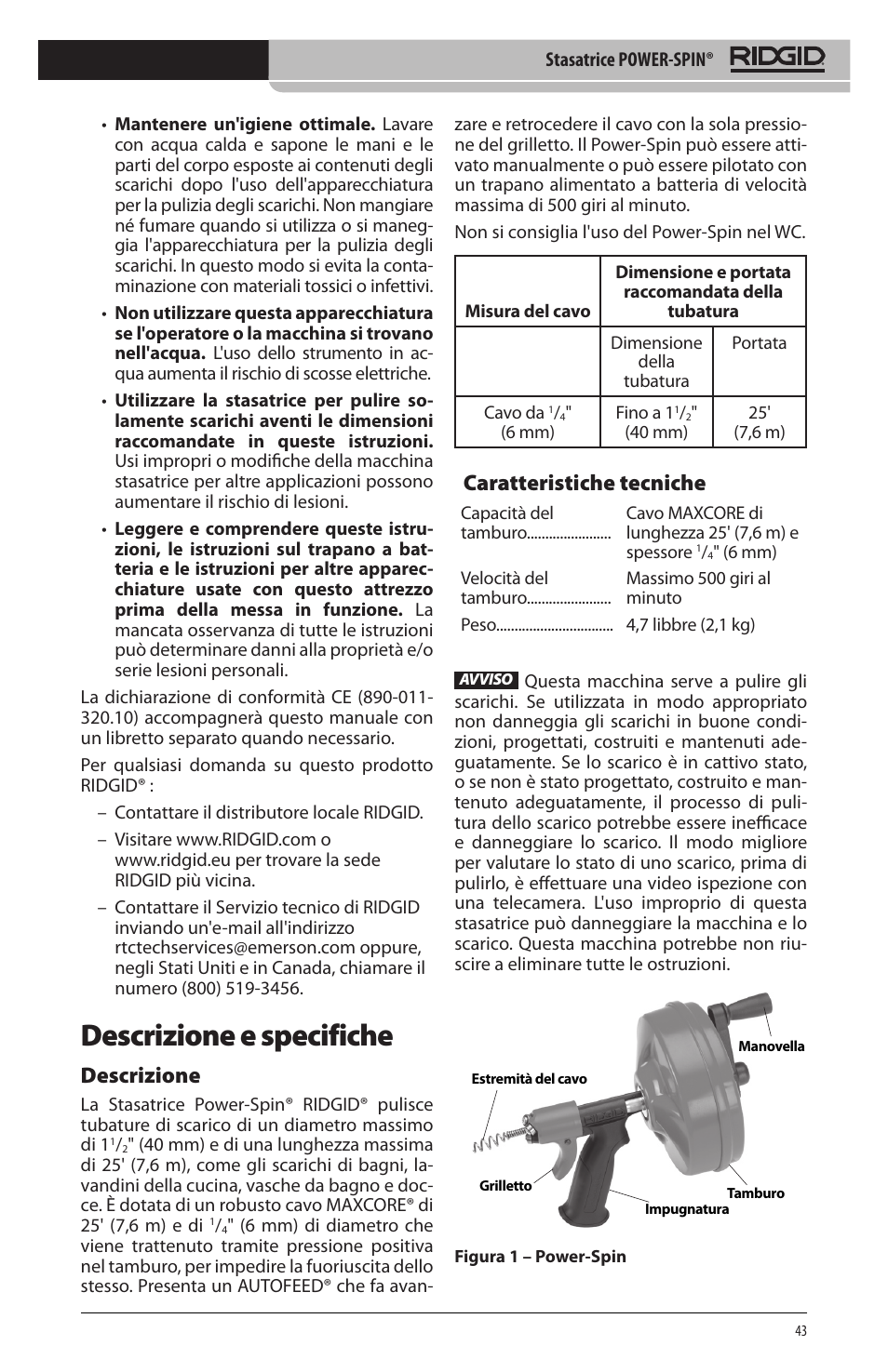 Descrizione e specifiche, Descrizione, Caratteristiche tecniche | RIDGID Power-Spin User Manual | Page 45 / 186