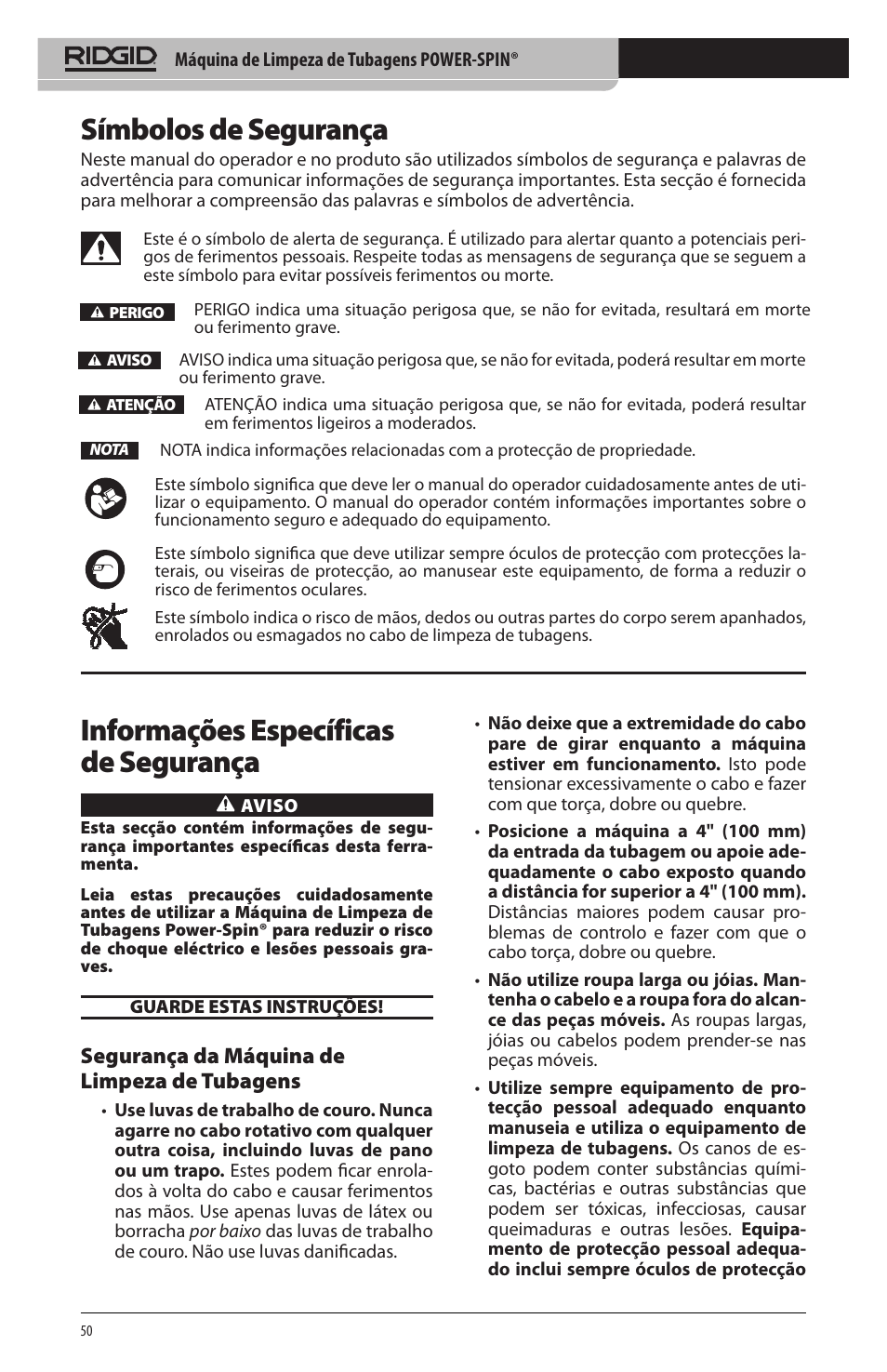 Símbolos de segurança, Informações específicas de segurança, Segurança da máquina de limpeza de tubagens | RIDGID Power-Spin User Manual | Page 52 / 186
