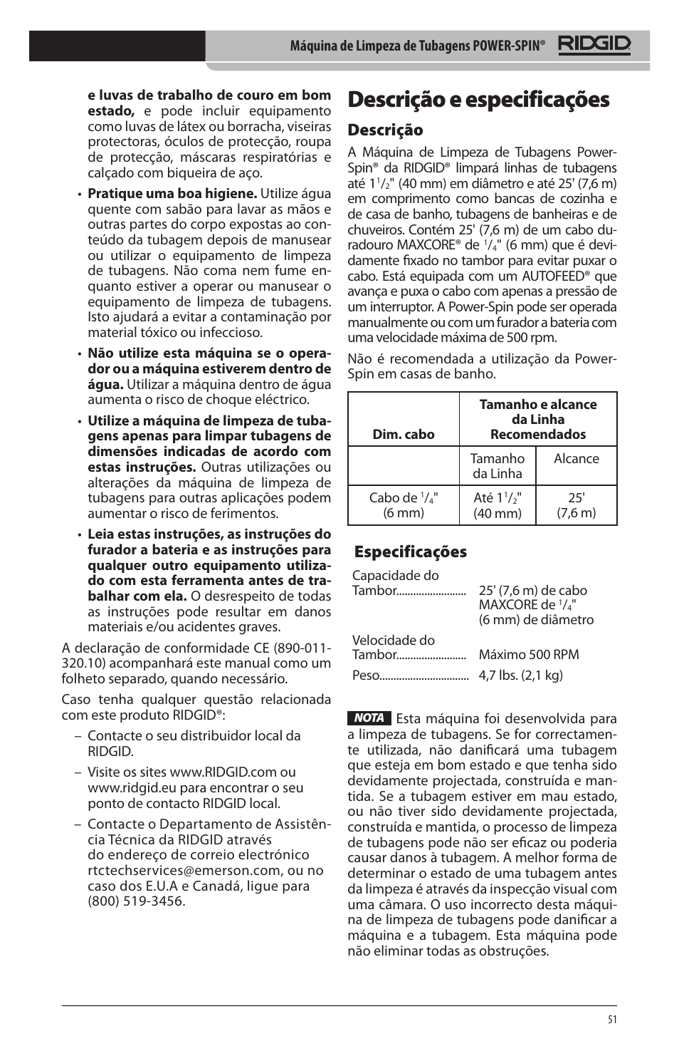 Descrição e especificações, Descrição, Especificações | RIDGID Power-Spin User Manual | Page 53 / 186
