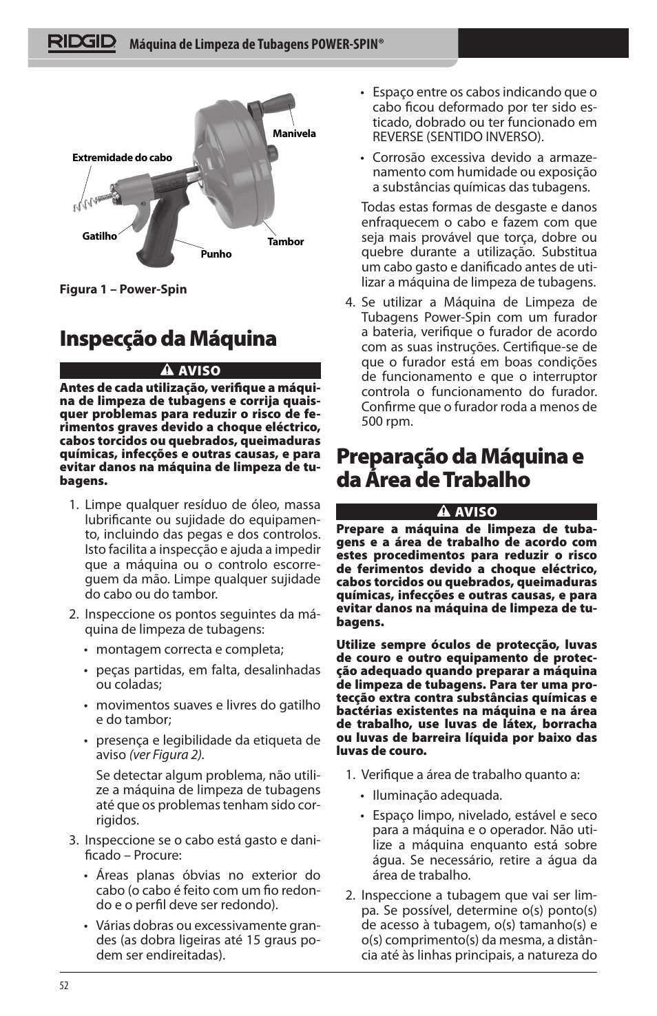 Inspecção da máquina, Preparação da máquina e da área de trabalho | RIDGID Power-Spin User Manual | Page 54 / 186