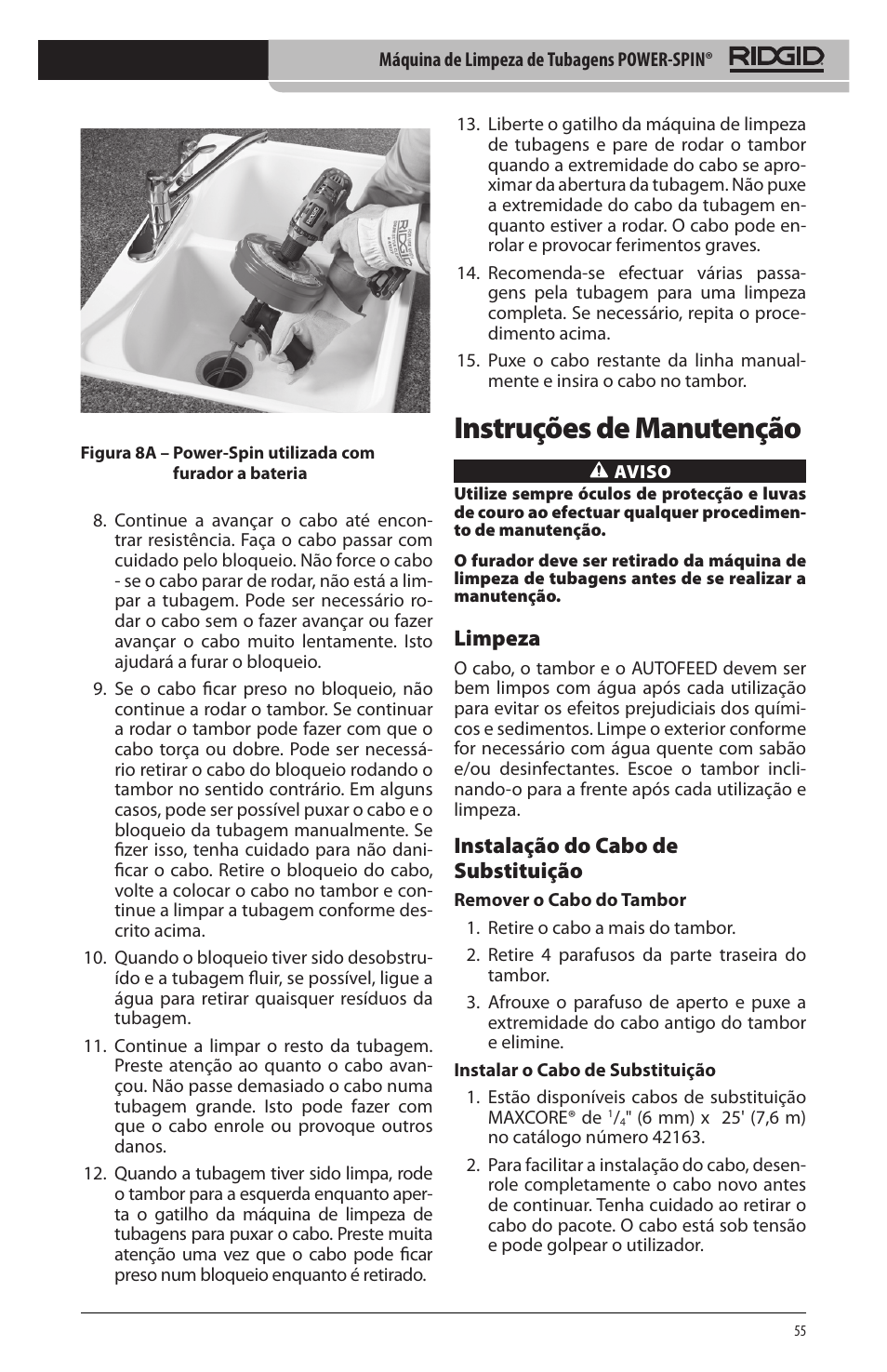 Instruções de manutenção, Limpeza, Instalação do cabo de substituição | RIDGID Power-Spin User Manual | Page 57 / 186