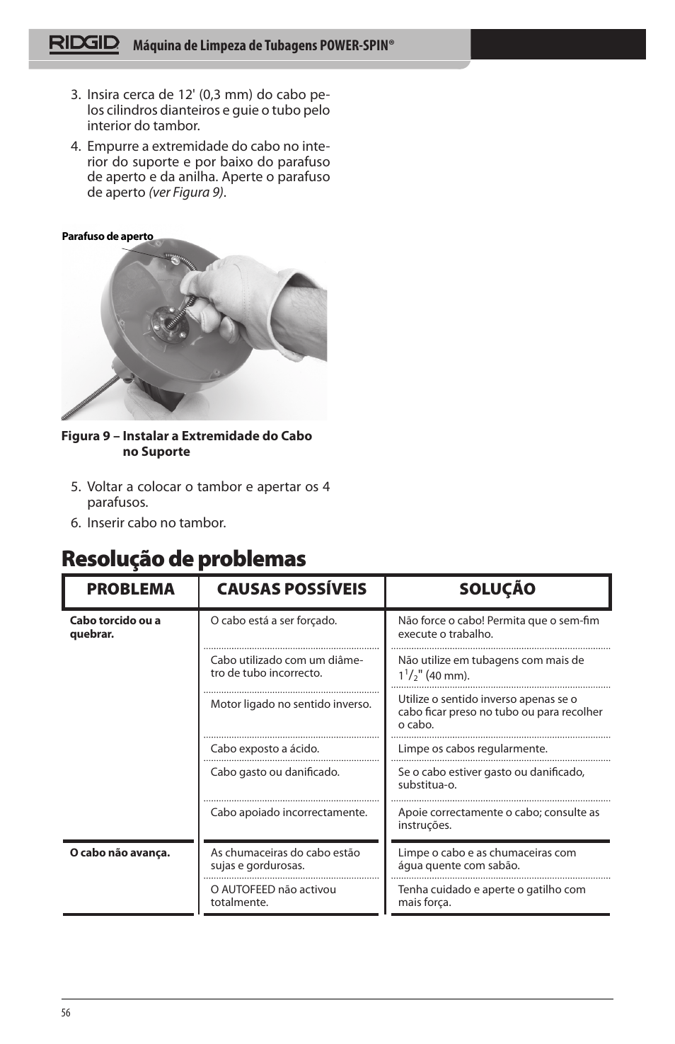 Resolução de problemas, Problema causas possíveis solução | RIDGID Power-Spin User Manual | Page 58 / 186