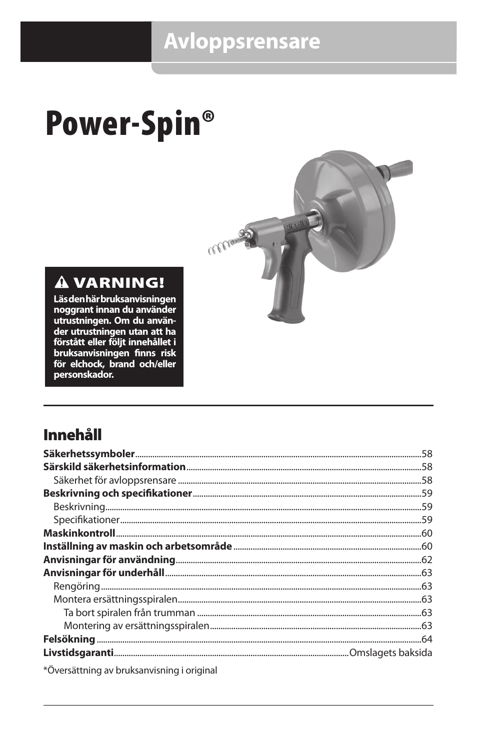 Power-spin, Avloppsrensare, Innehåll | Varning | RIDGID Power-Spin User Manual | Page 59 / 186