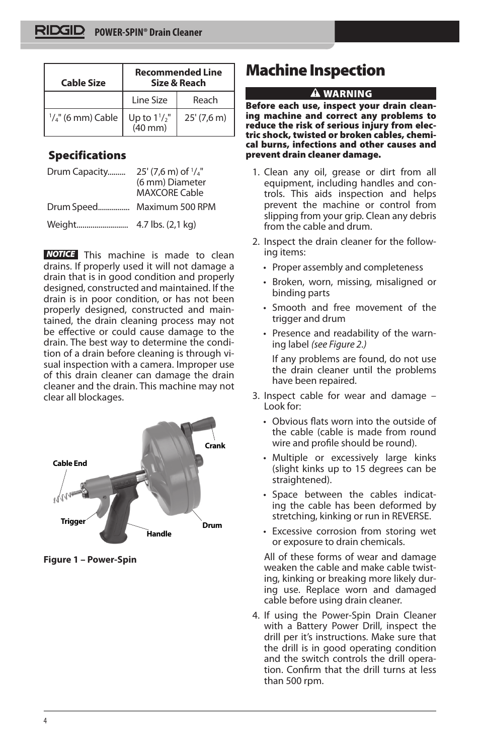 Machine inspection, Specifications | RIDGID Power-Spin User Manual | Page 6 / 186