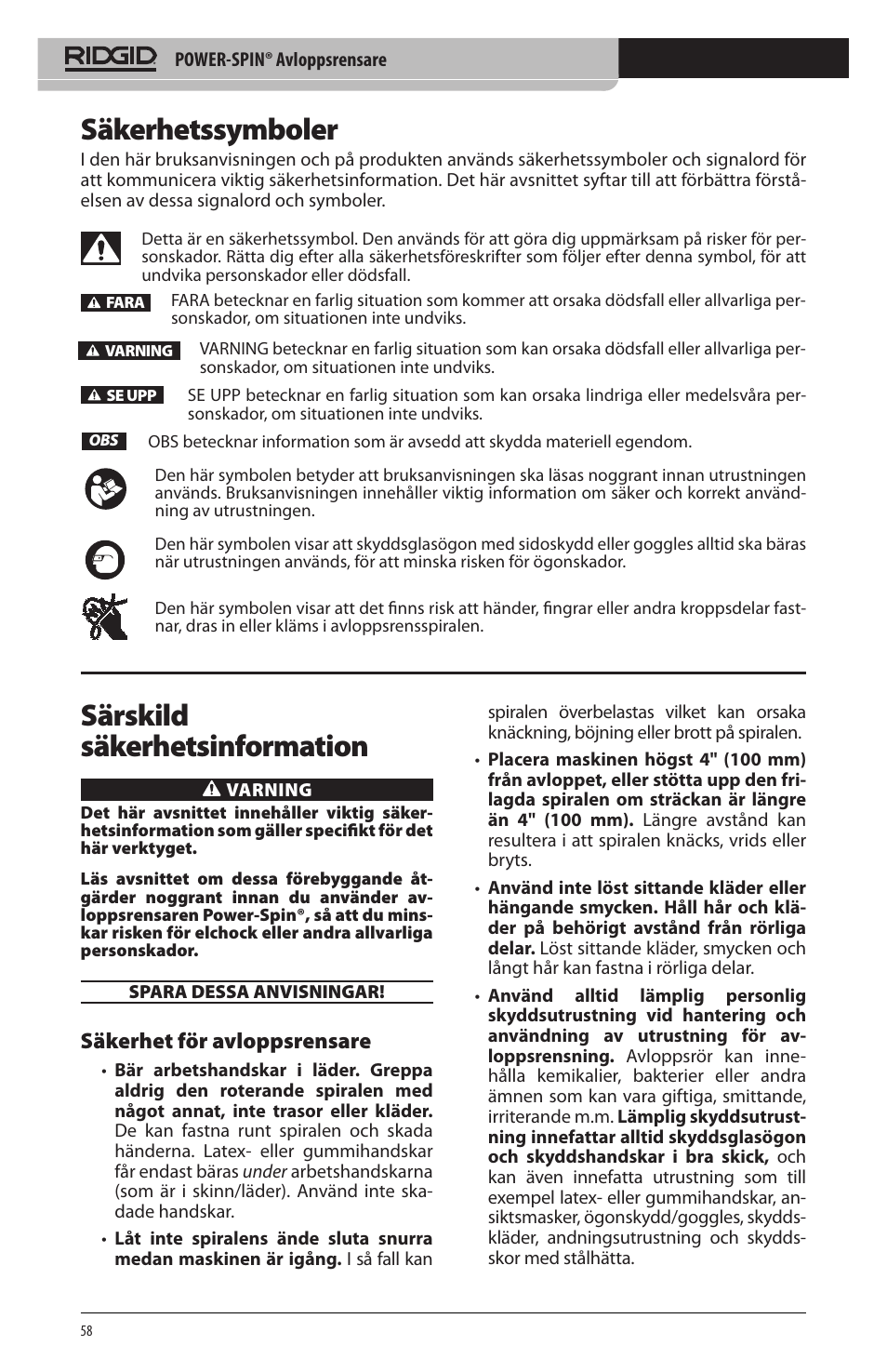 Säkerhetssymboler, Särskild säkerhetsinformation, Säkerhet för avloppsrensare | RIDGID Power-Spin User Manual | Page 60 / 186
