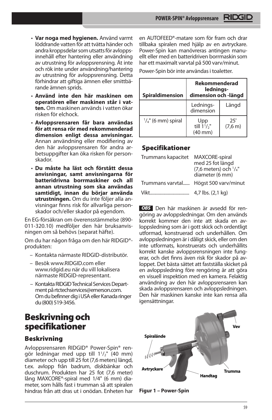 Beskrivning och specifikationer, Beskrivning, Specifikationer | RIDGID Power-Spin User Manual | Page 61 / 186