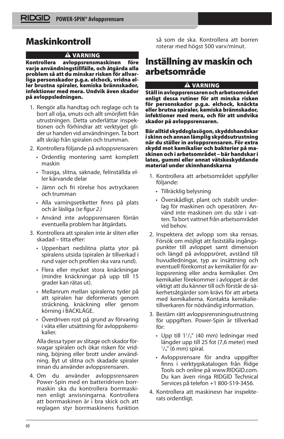 Maskinkontroll, Inställning av maskin och arbetsområde | RIDGID Power-Spin User Manual | Page 62 / 186