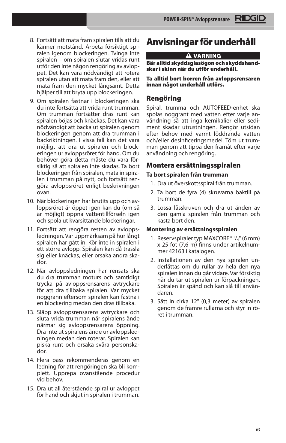 Anvisningar för underhåll, Rengöring, Montera ersättningsspiralen | RIDGID Power-Spin User Manual | Page 65 / 186