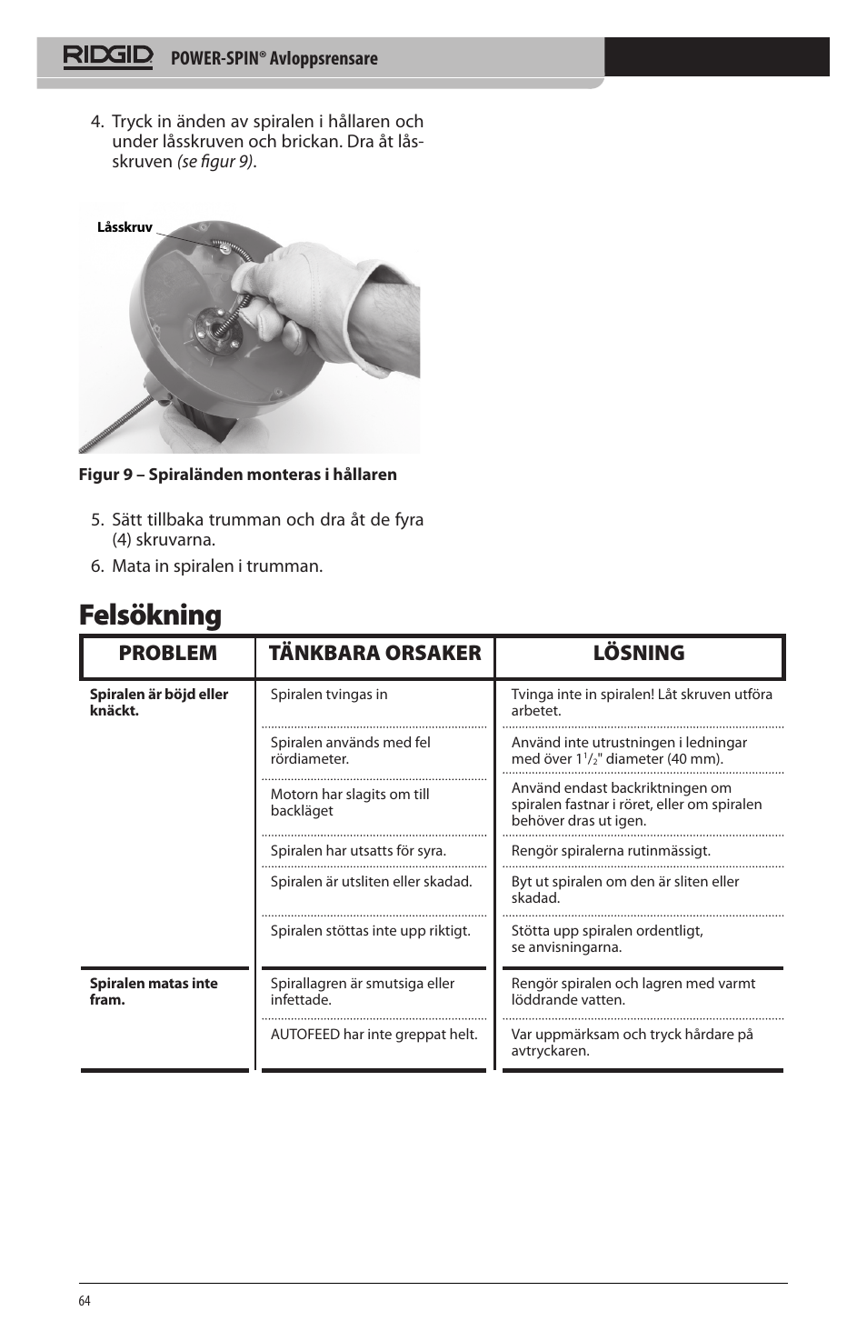 Felsökning, Problem tänkbara orsaker lösning, Power-spin® avloppsrensare | RIDGID Power-Spin User Manual | Page 66 / 186