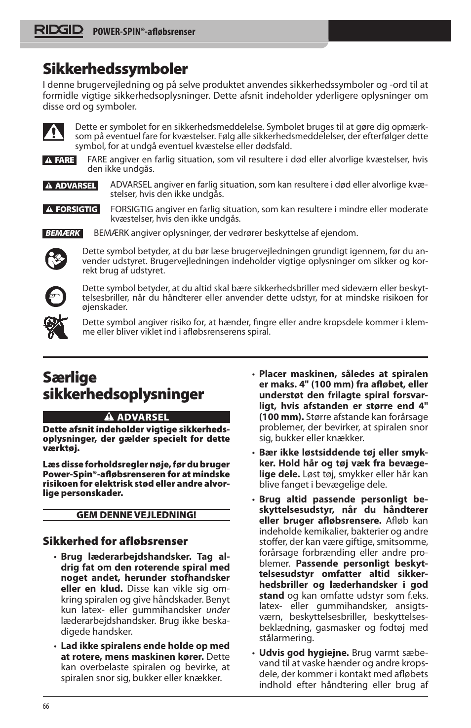 Sikkerhedssymboler, Særlige sikkerhedsoplysninger, Sikkerhed for afløbsrenser | RIDGID Power-Spin User Manual | Page 68 / 186