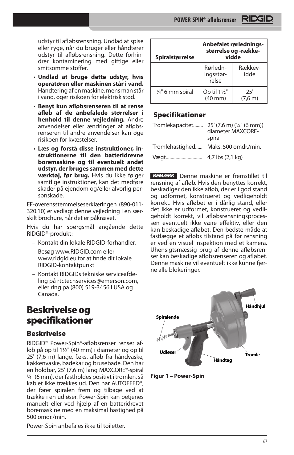 Beskrivelse og specifikationer, Beskrivelse, Specifikationer | RIDGID Power-Spin User Manual | Page 69 / 186