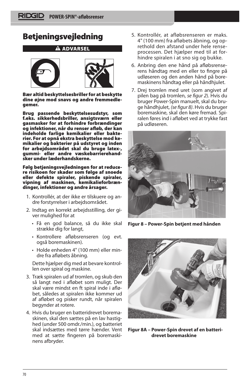 Betjeningsvejledning | RIDGID Power-Spin User Manual | Page 72 / 186