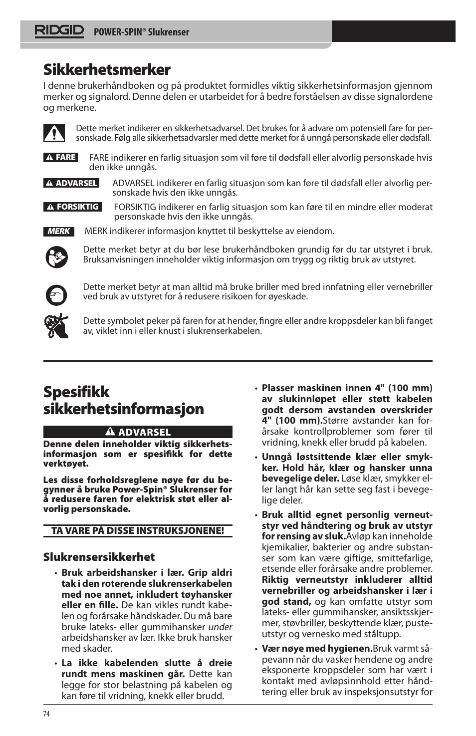 Sikkerhetsmerker, Spesifikk sikkerhetsinformasjon, Slukrensersikkerhet | RIDGID Power-Spin User Manual | Page 76 / 186