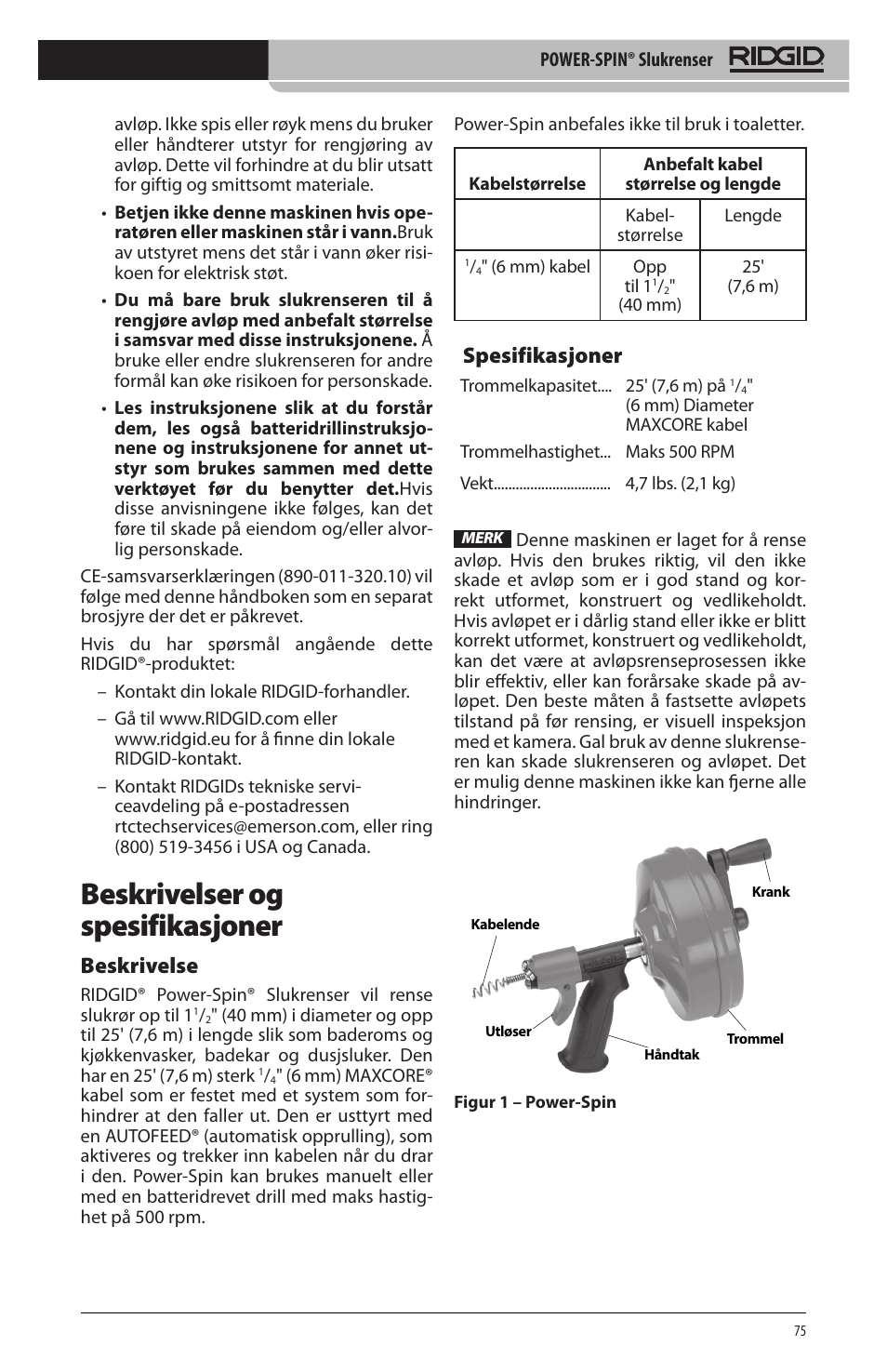 Beskrivelser og spesifikasjoner, Beskrivelse, Spesifikasjoner | RIDGID Power-Spin User Manual | Page 77 / 186