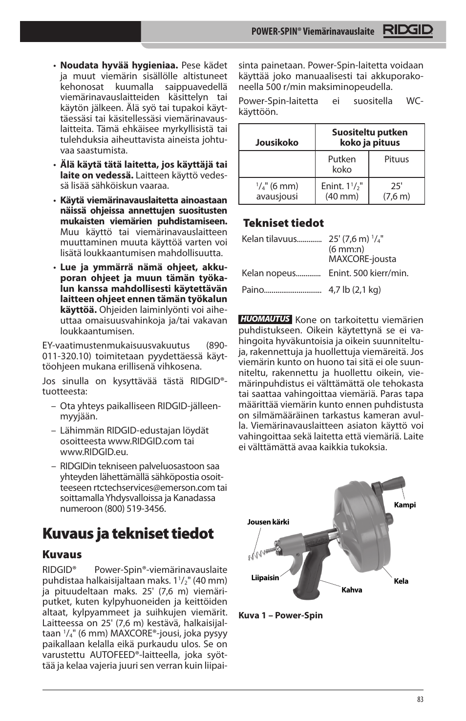 Kuvaus ja tekniset tiedot, Kuvaus, Tekniset tiedot | RIDGID Power-Spin User Manual | Page 85 / 186