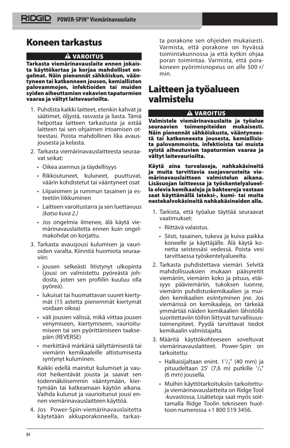 Koneen tarkastus, Laitteen ja työalueen valmistelu | RIDGID Power-Spin User Manual | Page 86 / 186