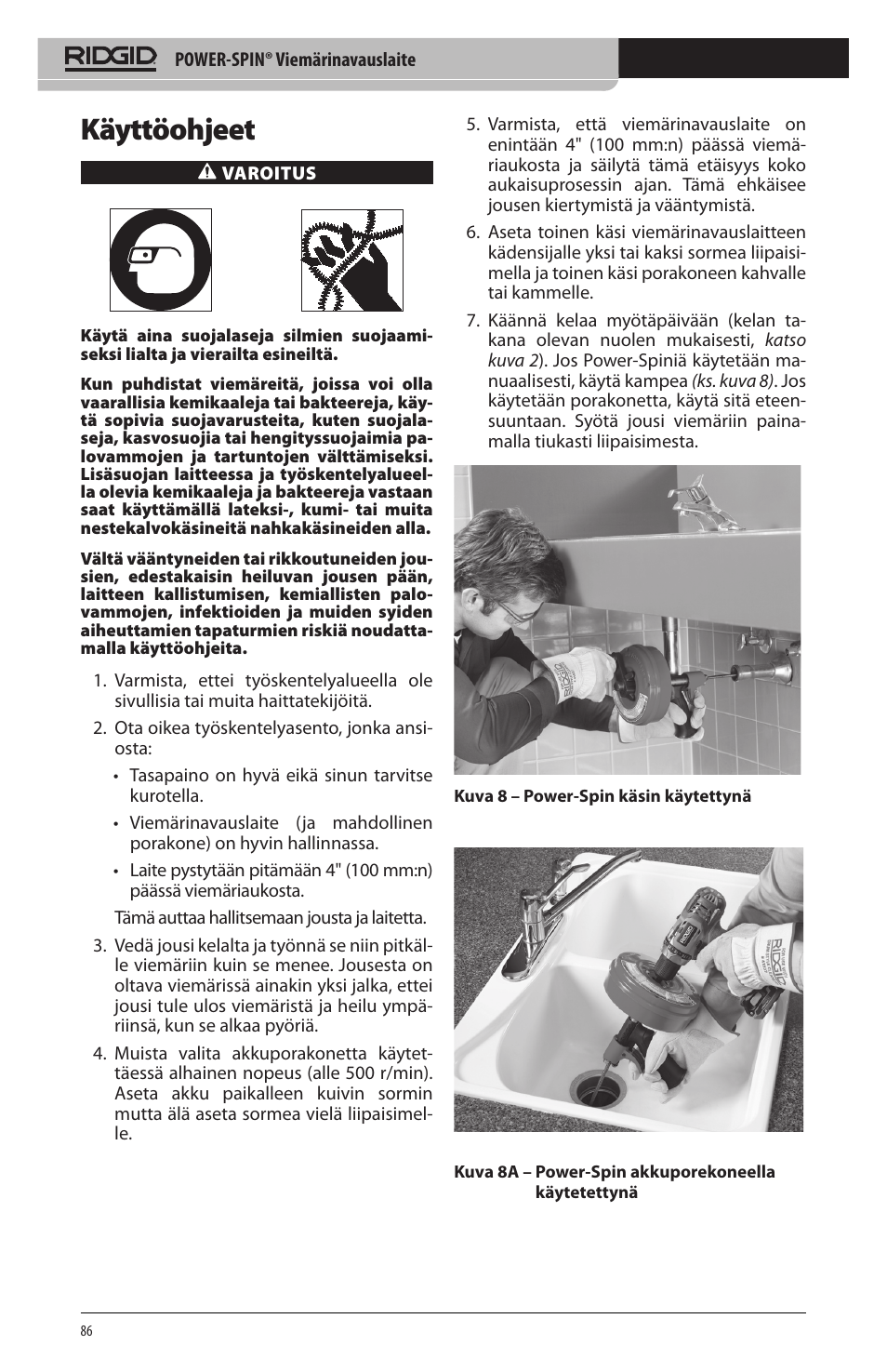 Käyttöohjeet | RIDGID Power-Spin User Manual | Page 88 / 186
