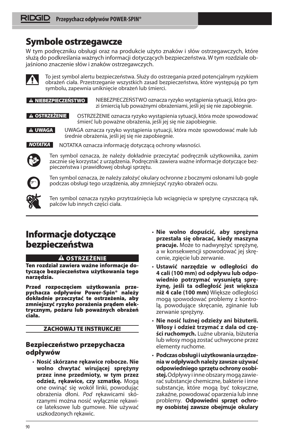 Symbole ostrzegawcze, Informacje dotyczące bezpieczeństwa, Bezpieczeństwo przepychacza odpływów | RIDGID Power-Spin User Manual | Page 92 / 186