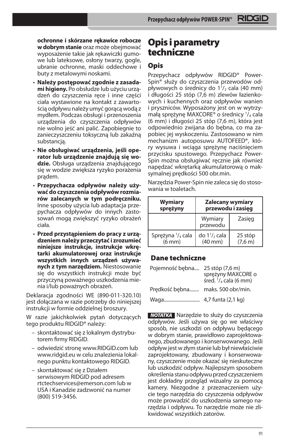 Opis i parametry techniczne, Opis, Dane techniczne | RIDGID Power-Spin User Manual | Page 93 / 186