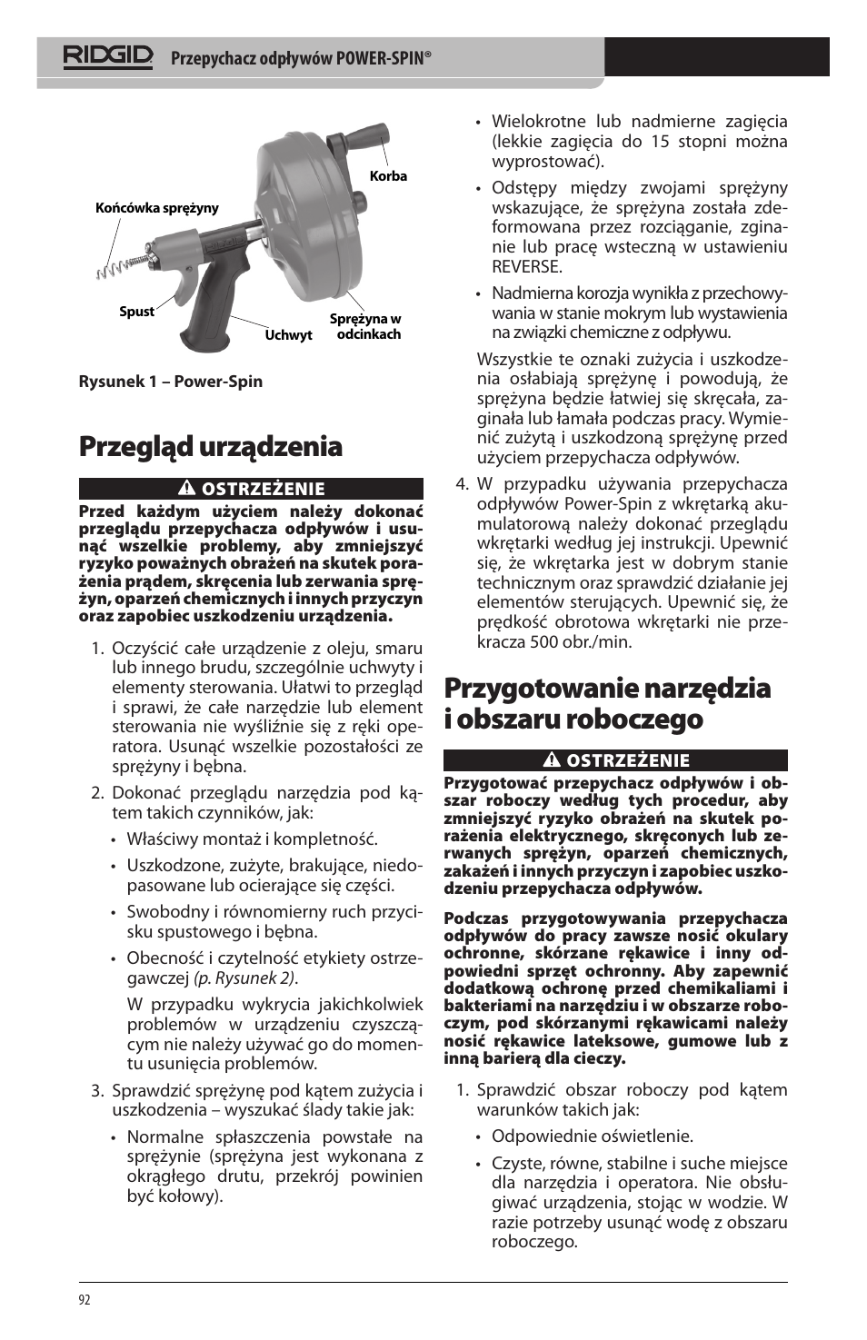 Przegląd urządzenia, Przygotowanie narzędzia i obszaru roboczego | RIDGID Power-Spin User Manual | Page 94 / 186