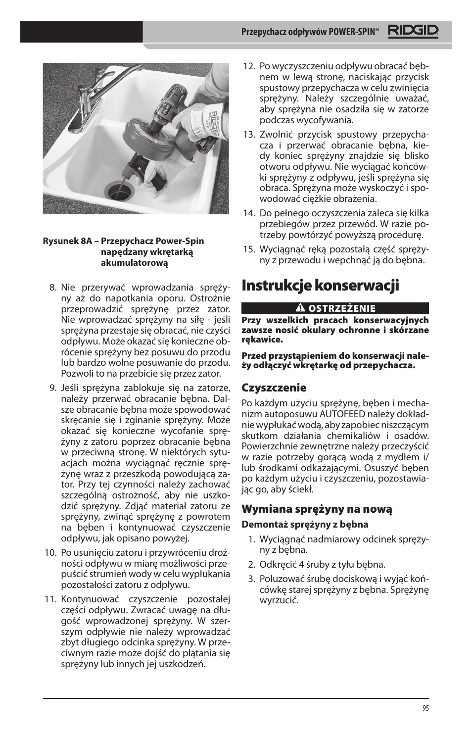 Instrukcje konserwacji, Czyszczenie, Wymiana sprężyny na nową | RIDGID Power-Spin User Manual | Page 97 / 186