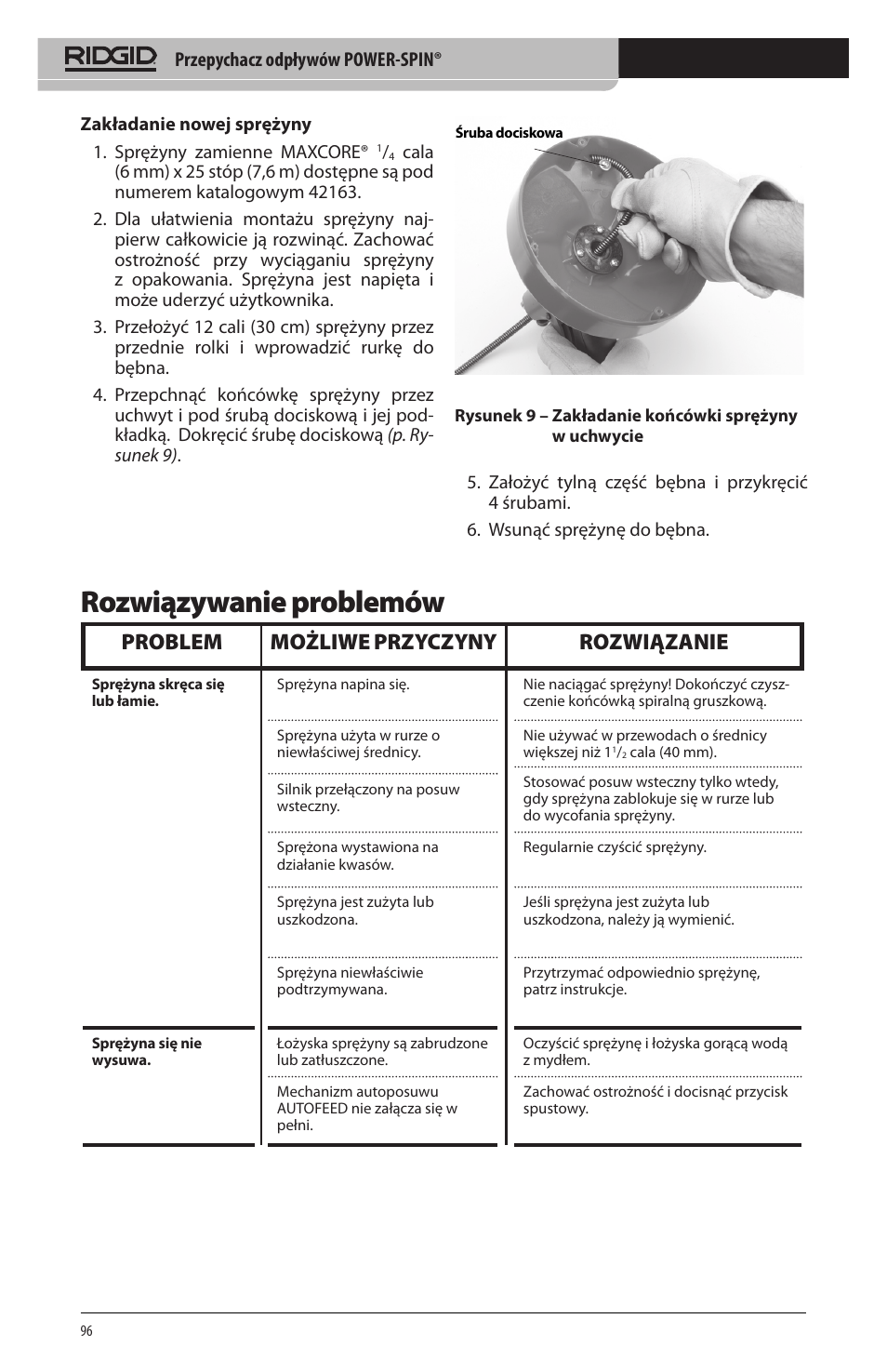 Rozwiązywanie problemów, Problem możliwe przyczyny rozwiązanie, Przepychacz odpływów power-spin | RIDGID Power-Spin User Manual | Page 98 / 186
