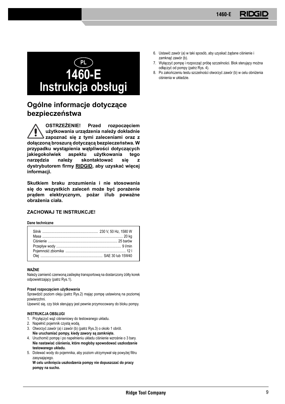 1460-e, Instrukcja obsługi, Ogólne informacje dotyczące bezpieczeństwa | RIDGID 1460-E User Manual | Page 10 / 16