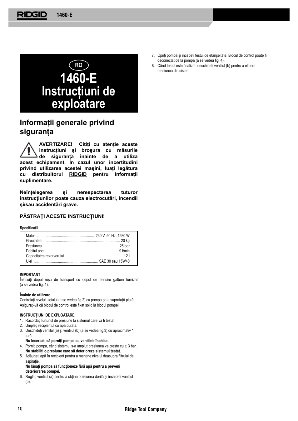1460-e, Instrucţiuni de exploatare, Informaţii generale privind siguranţa | RIDGID 1460-E User Manual | Page 11 / 16