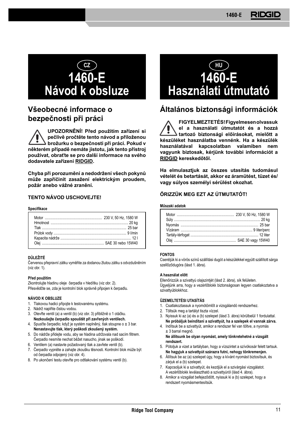 1460-e, Návod k obsluze, Használati útmutató | Všeobecné informace o bezpečnosti při práci, Általános biztonsági információk | RIDGID 1460-E User Manual | Page 12 / 16