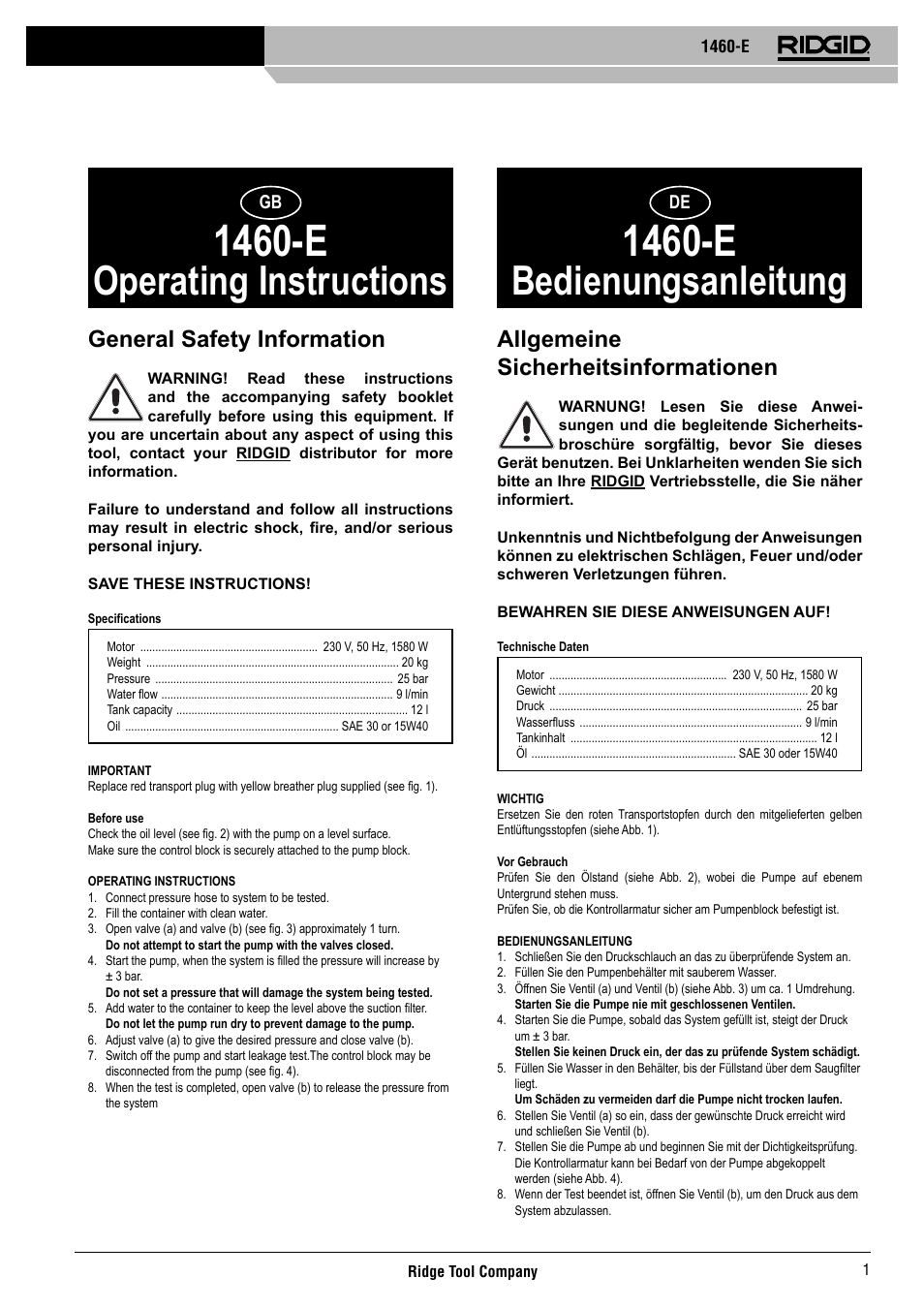 1460-e, Operating instructions, Bedienungsanleitung | General safety information, Allgemeine sicherheitsinformationen | RIDGID 1460-E User Manual | Page 2 / 16