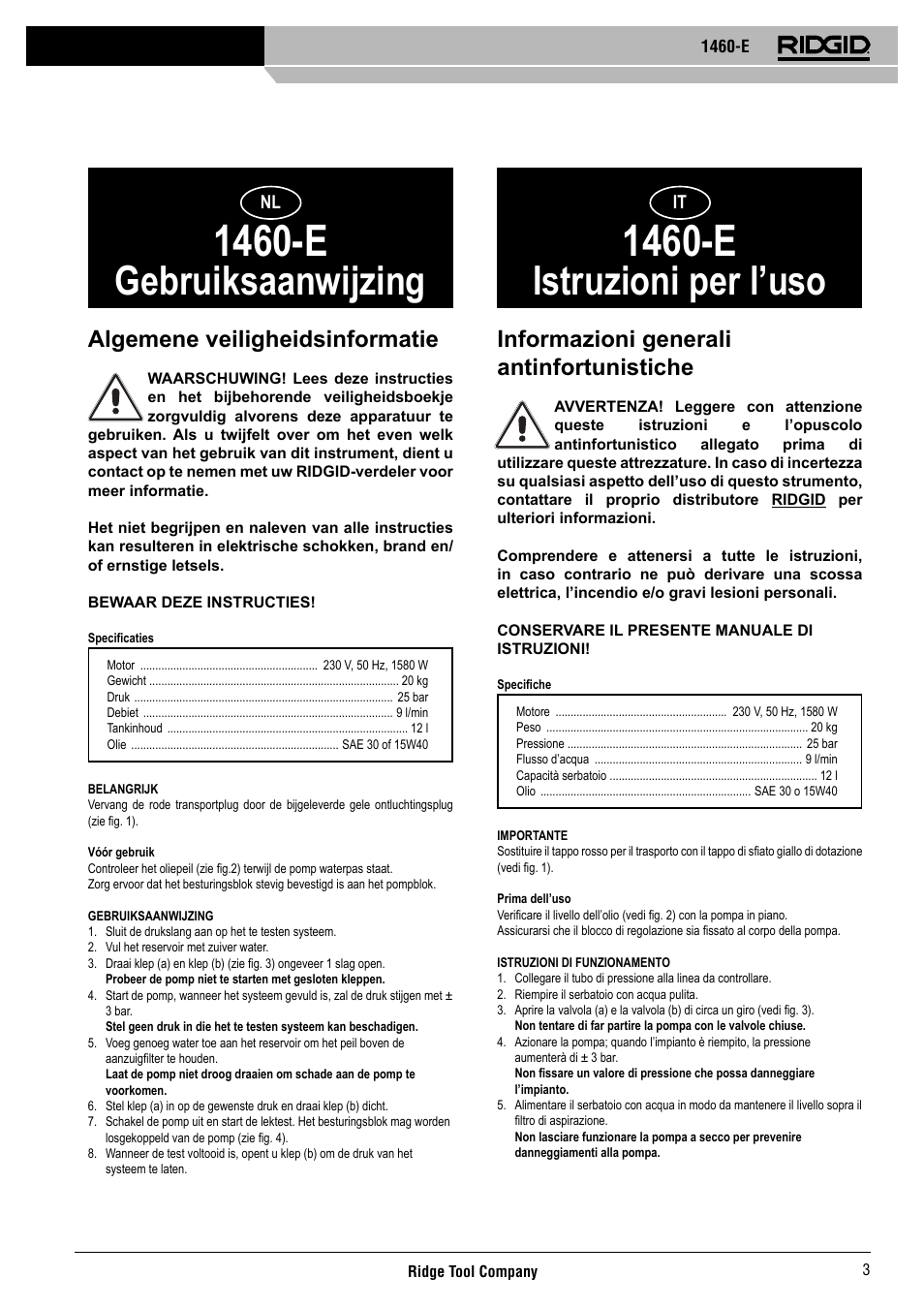 1460-e, Gebruiksaanwijzing, Istruzioni per l’uso | Algemene veiligheidsinformatie, Informazioni generali antinfortunistiche | RIDGID 1460-E User Manual | Page 4 / 16