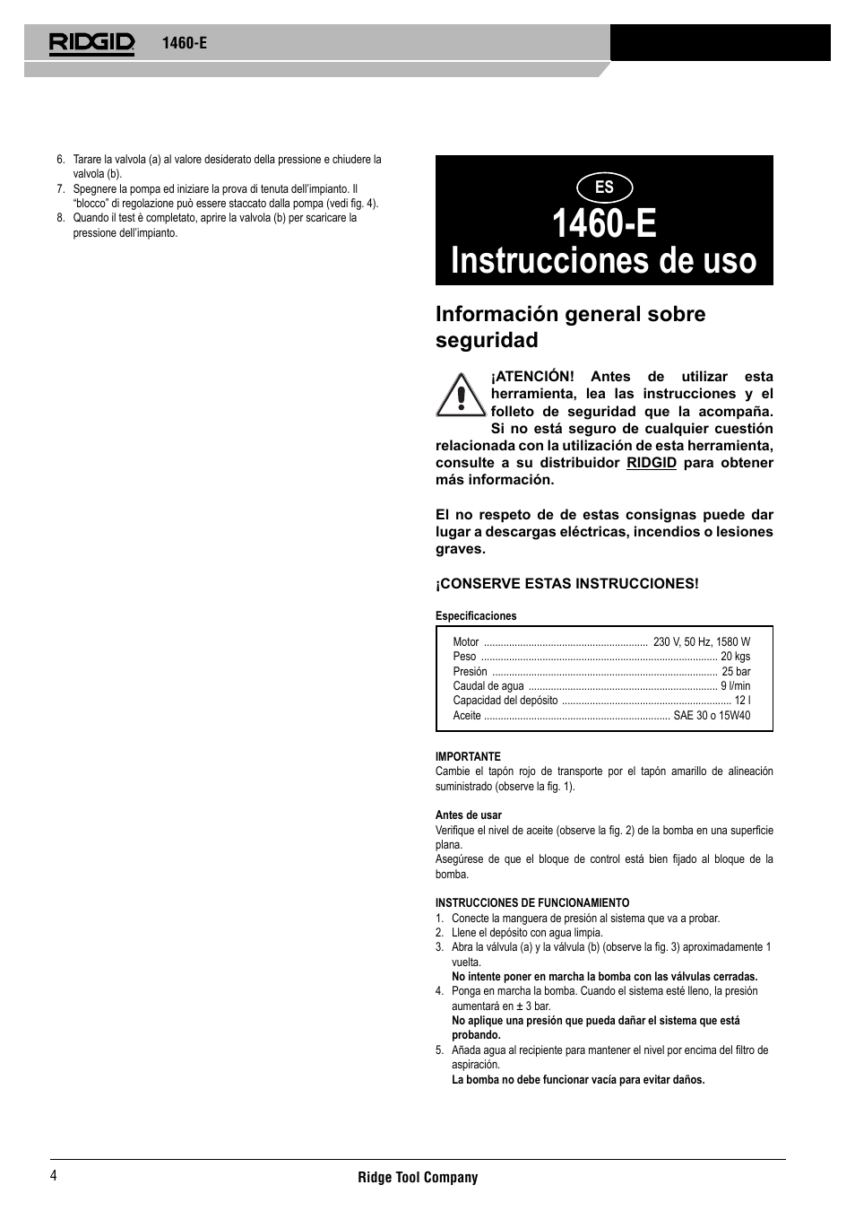 1460-e, Instrucciones de uso, Información general sobre seguridad | RIDGID 1460-E User Manual | Page 5 / 16