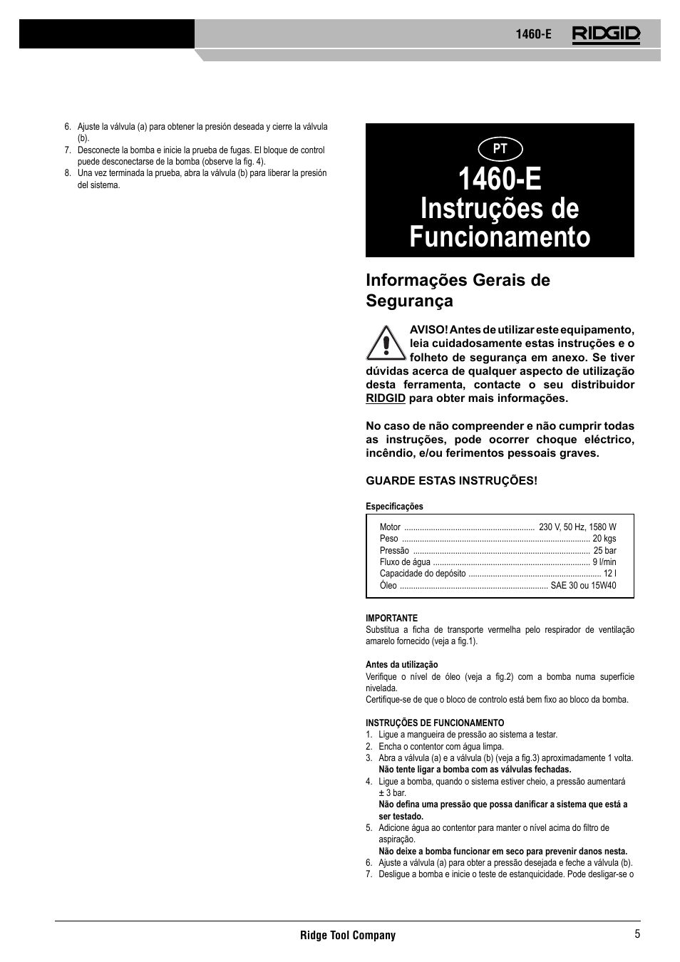 1460-e, Instruções de funcionamento, Informações gerais de segurança | RIDGID 1460-E User Manual | Page 6 / 16